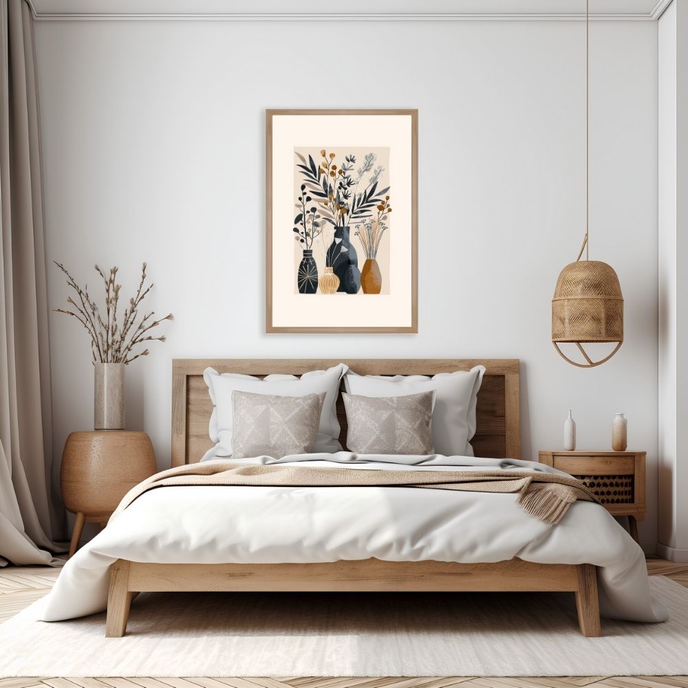 Poster wall art showing 'Simplistic Nature Vases – Neutral Boho Floral Display' in a bedroom