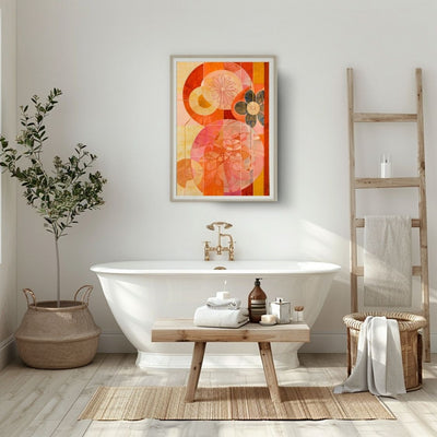 Poster wall art showing 'Soft Bloom – Abstract Art with Pink Flair' in a bathroom