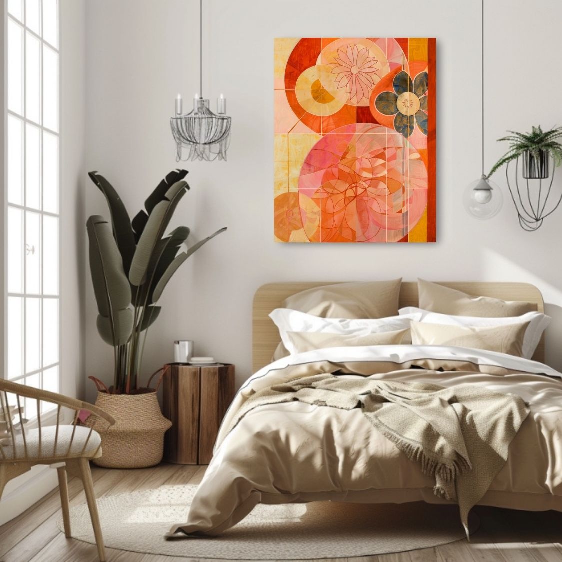 Poster wall art showing 'Soft Bloom – Abstract Art with Pink Flair' in a bedroom