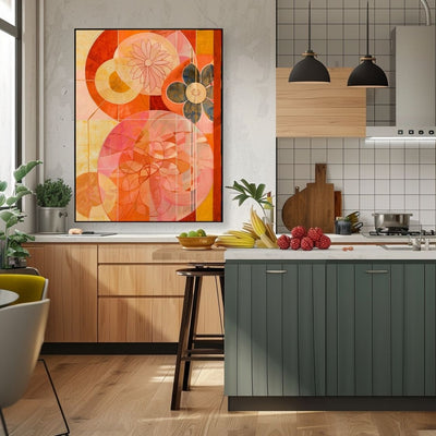 Poster wall art showing 'Soft Bloom – Abstract Art with Pink Flair' in a kitchen