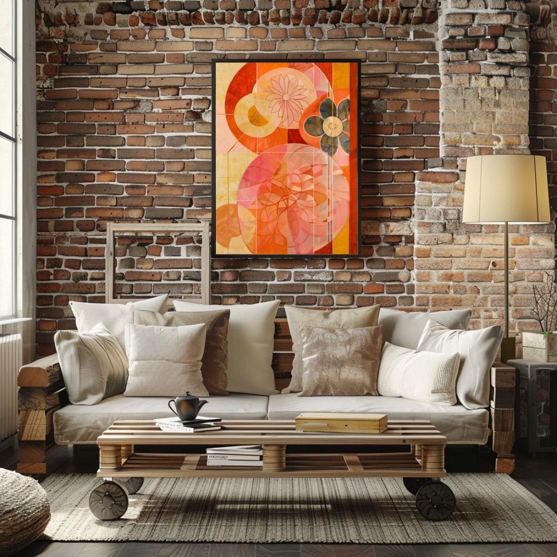 Poster wall art showing 'Soft Bloom – Abstract Art with Pink Flair' in a brick living room