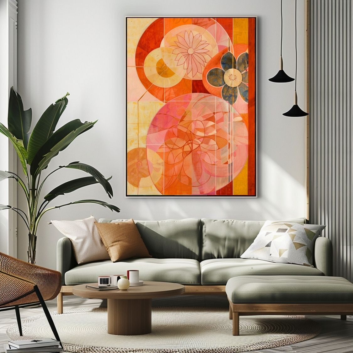 Poster wall art showing 'Soft Bloom – Abstract Art with Pink Flair' in a living room