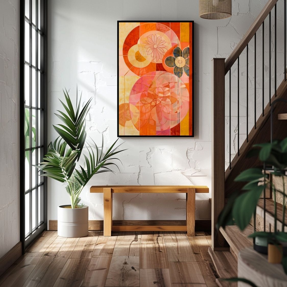 Poster wall art showing 'Soft Bloom – Abstract Art with Pink Flair' in an entryway