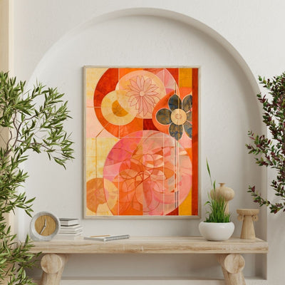 Poster wall art showing 'Soft Bloom – Abstract Art with Pink Flair' on a wall surrounded by plants