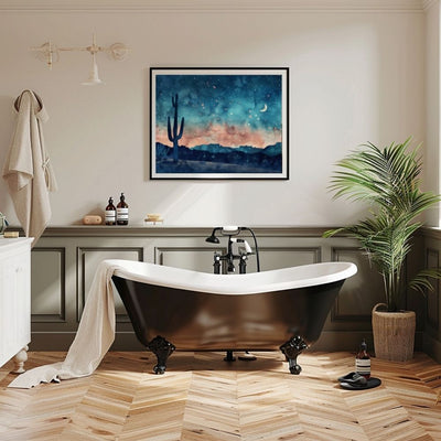 Poster wall art showing 'Starry Desert Silence – Tranquil Cactus Nights' in a bathroom