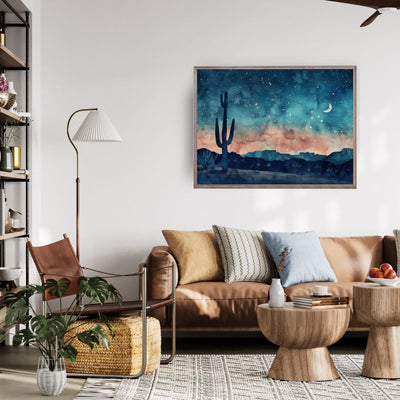 Poster wall art showing 'Starry Desert Silence – Tranquil Cactus Nights' in a living room