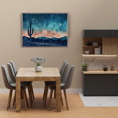 Poster wall art showing 'Starry Desert Silence – Tranquil Cactus Nights' in a dining room