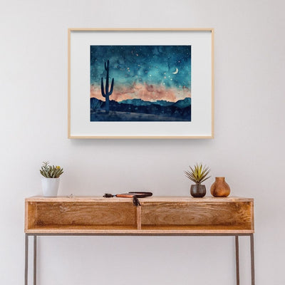 Poster wall art showing 'Starry Desert Silence – Tranquil Cactus Nights' in a hallway