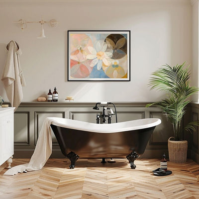 Poster wall art showing 'Subtle Blossom – Neutral Art with Pink Floral Essence' in a bathroom