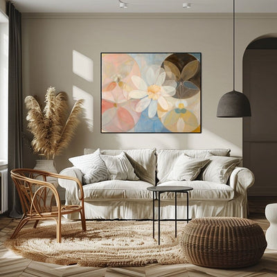 Poster wall art showing 'Subtle Blossom – Neutral Art with Pink Floral Essence' in a boho living room