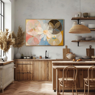 Poster wall art showing 'Subtle Blossom – Neutral Art with Pink Floral Essence' in a cozy kitchen