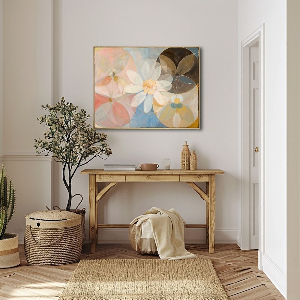 Poster wall art showing 'Subtle Blossom – Neutral Art with Pink Floral Essence' in a hallway