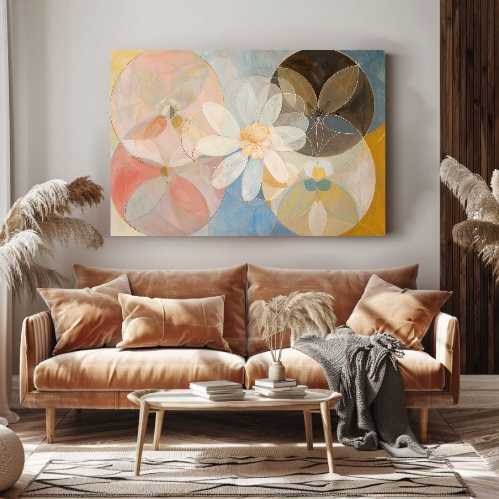 Poster wall art showing 'Subtle Blossom – Neutral Art with Pink Floral Essence' in a modern living room