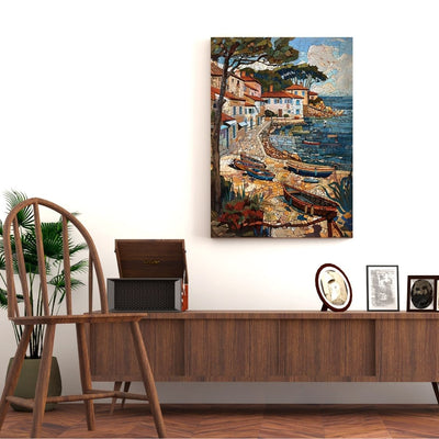 Poster wall art showing 'Summer Mosaic - Seaside Village Scene' in a hallway