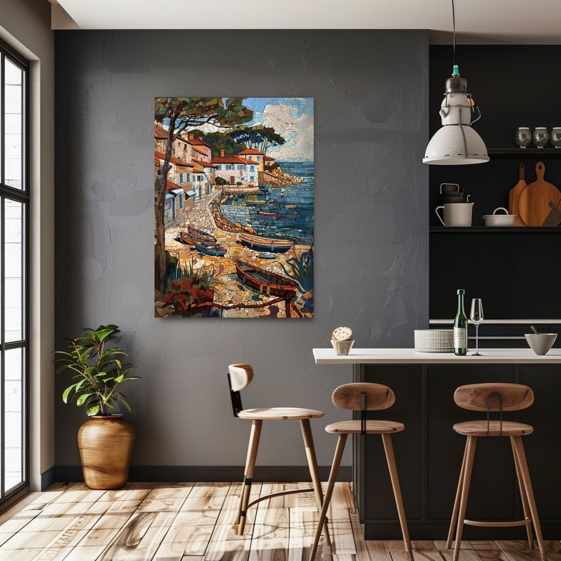 Poster wall art showing 'Summer Mosaic - Seaside Village Scene' in a kitchen