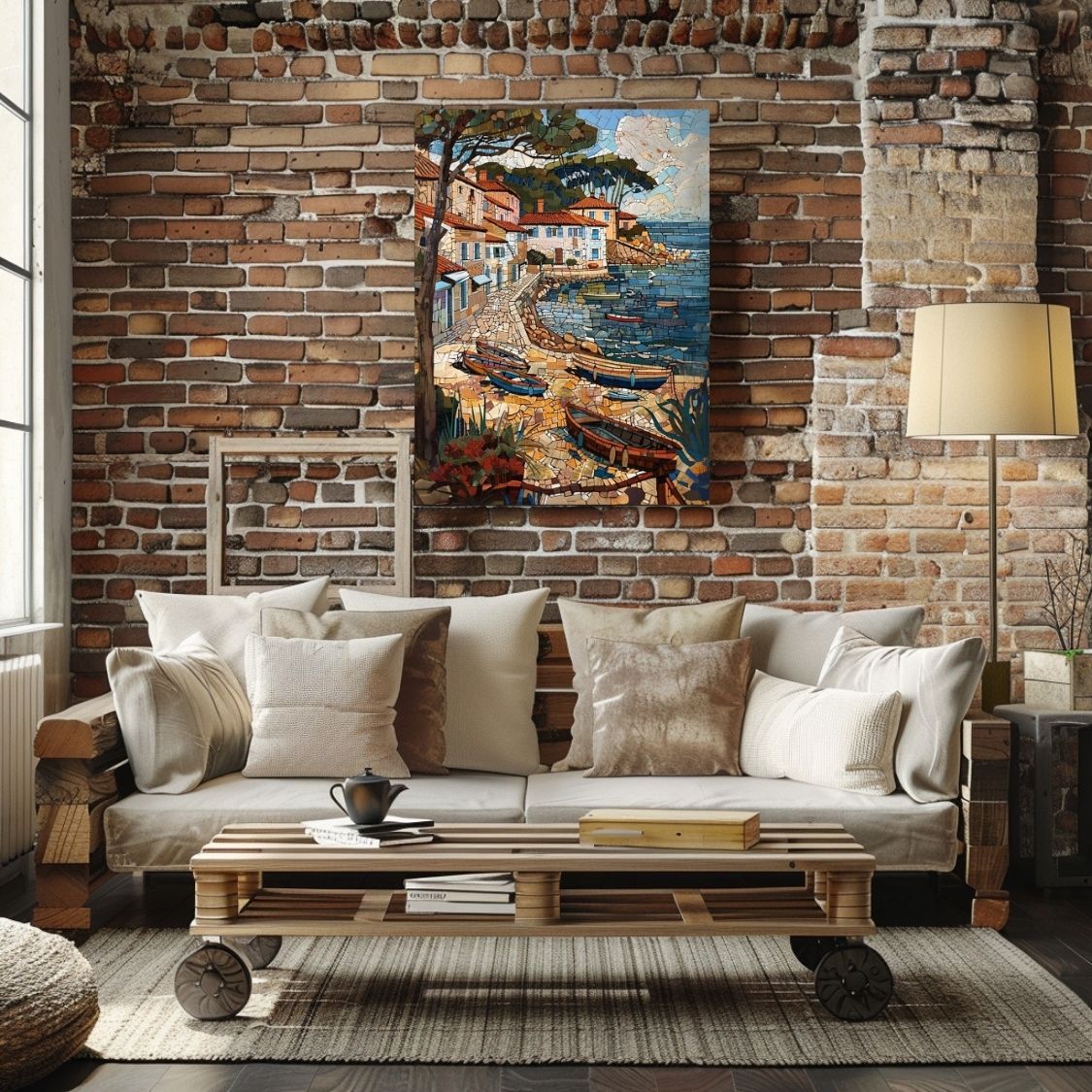 Poster wall art showing 'Summer Mosaic - Seaside Village Scene' in a living room