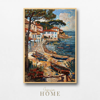 Poster wall art showing 'Summer Mosaic - Seaside Village Scene'