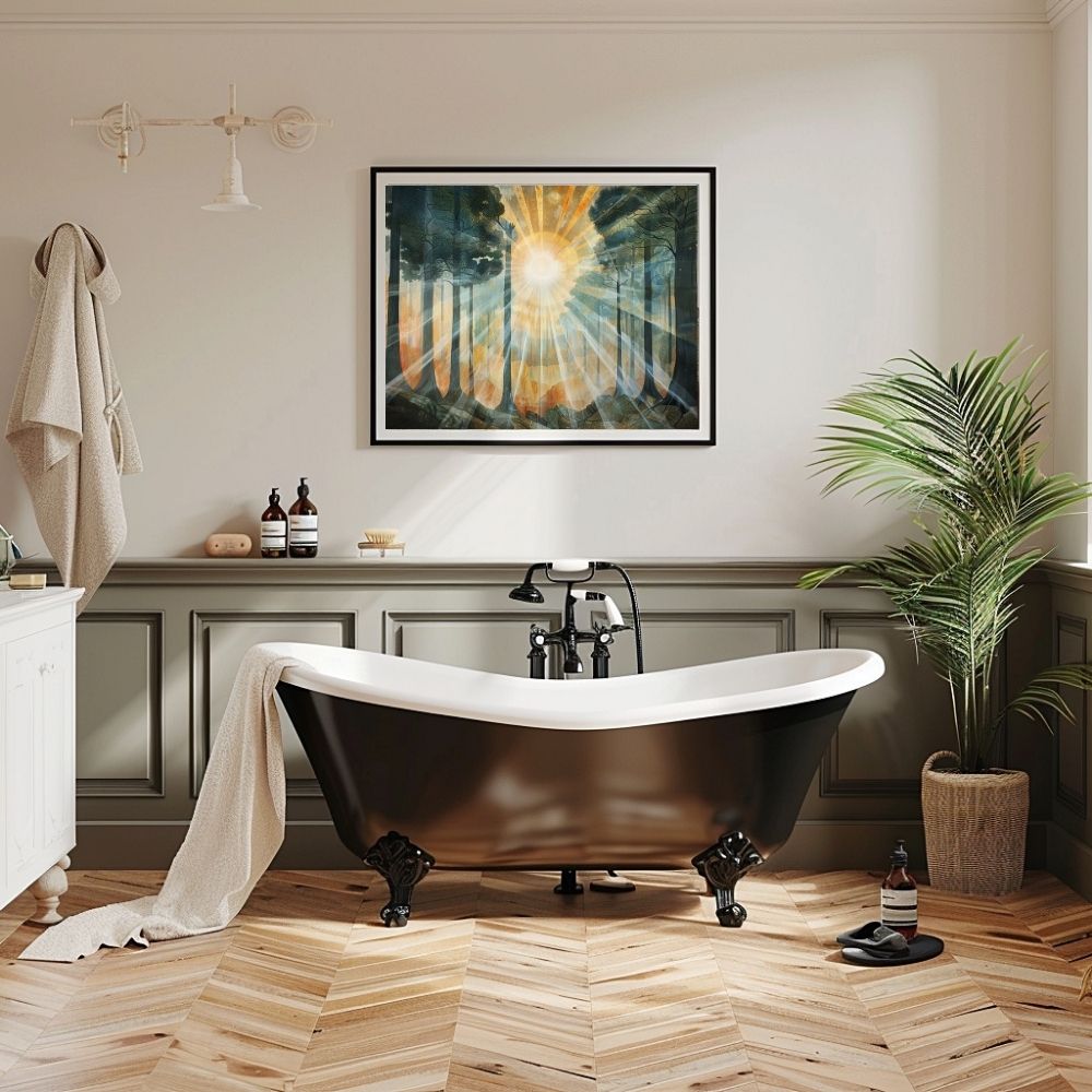 Poster wall art showing 'Sunlit Giants – Ancient Forest with Towering Trees' in a bathroom