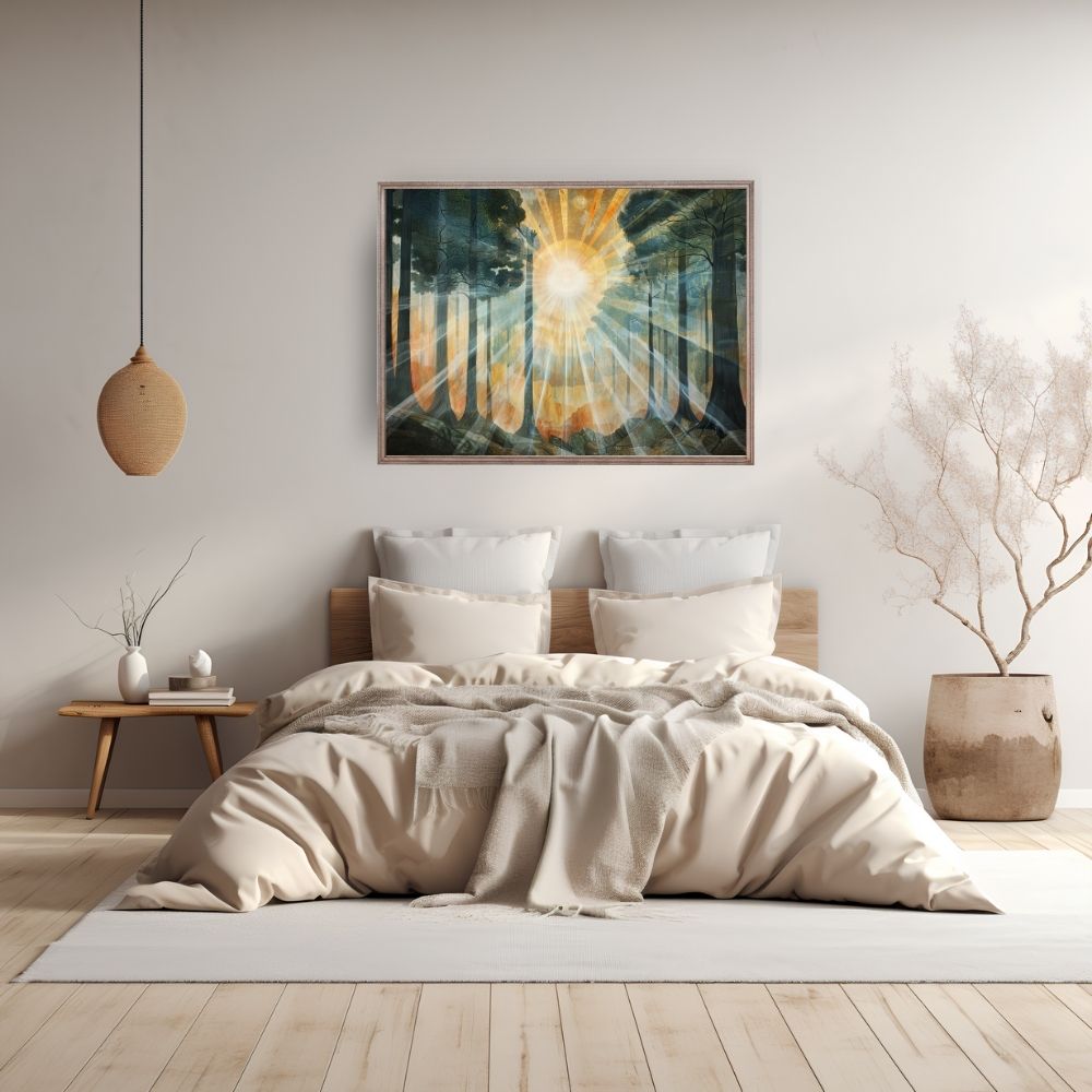 Poster wall art showing 'Sunlit Giants – Ancient Forest with Towering Trees' in a bedroom