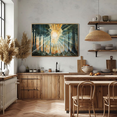 Poster wall art showing 'Sunlit Giants – Ancient Forest with Towering Trees' in a kitchen