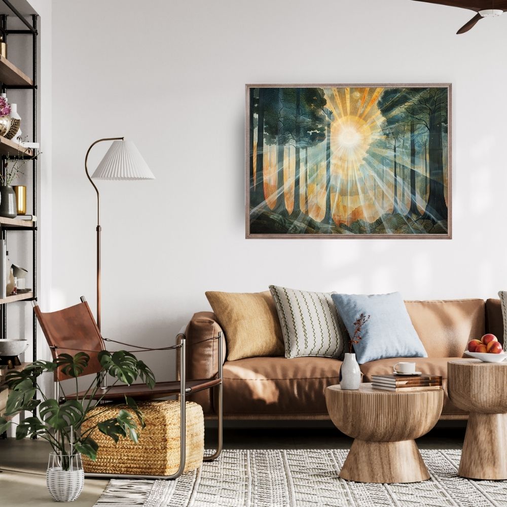 Poster wall art showing 'Sunlit Giants – Ancient Forest with Towering Trees' in a living room