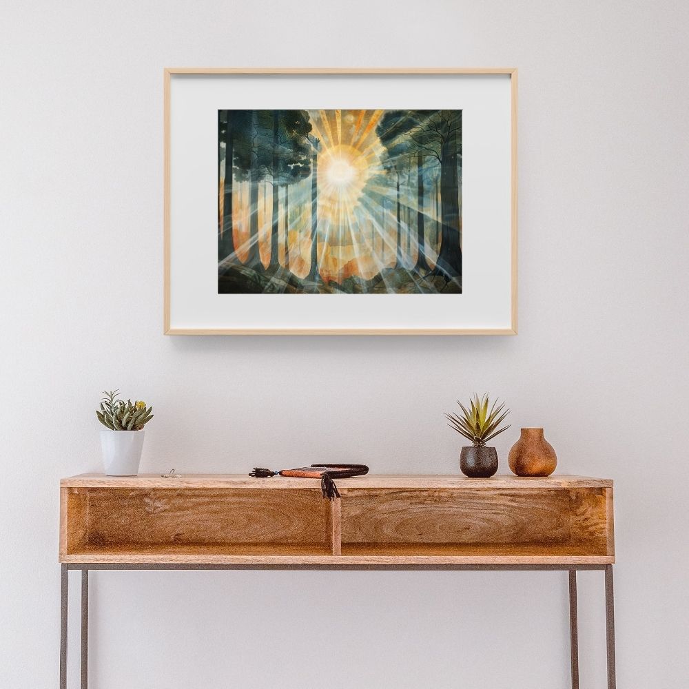 Poster wall art showing 'Sunlit Giants – Ancient Forest with Towering Trees' in a hallway