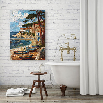 Poster wall art showing 'Sunny Seaport - Vibrant Seaside Mosaic' in a bathroom