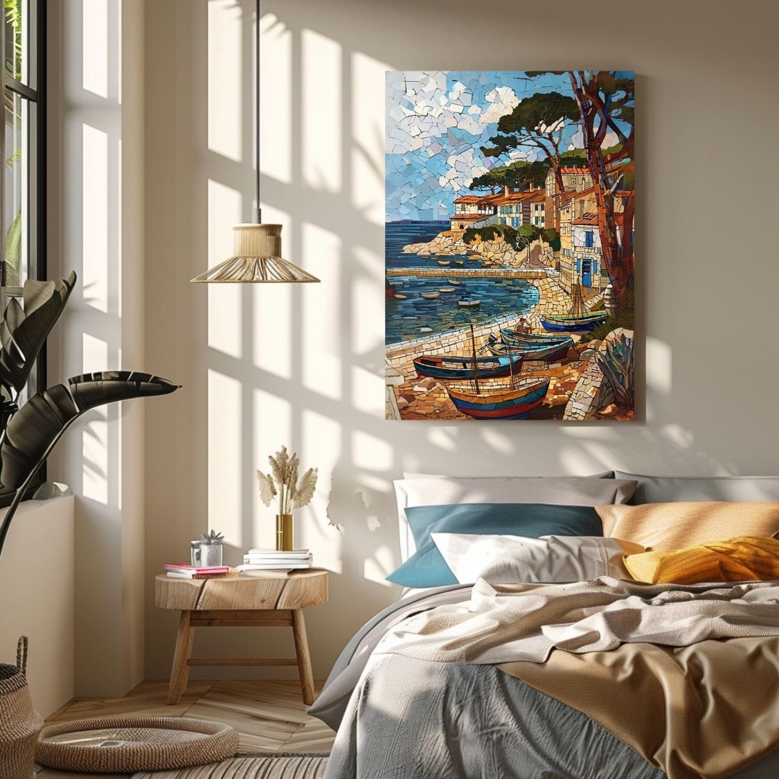 Poster wall art showing 'Sunny Seaport - Vibrant Seaside Mosaic' in a bedroom