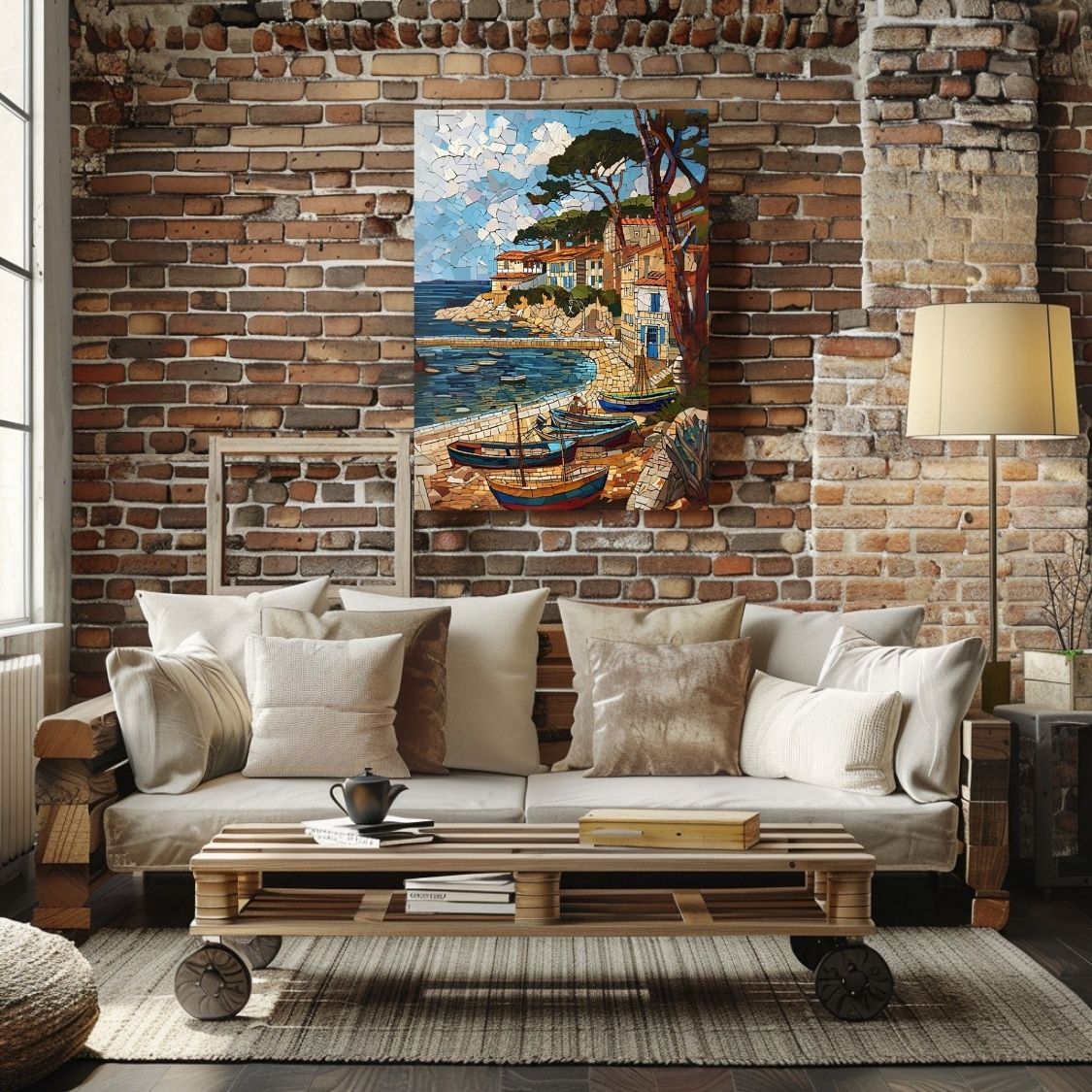 Poster wall art showing 'Sunny Seaport - Vibrant Seaside Mosaic' in a living room