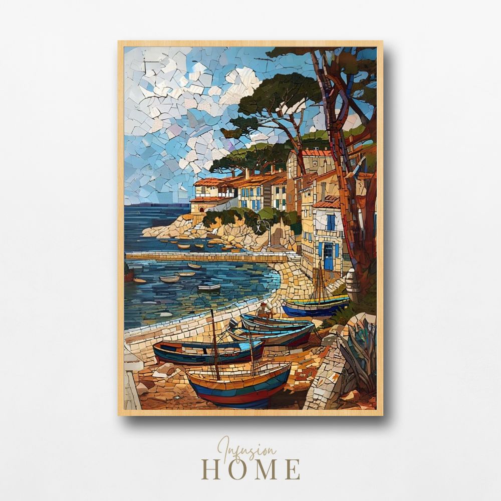 Poster wall art showing 'Sunny Seaport - Vibrant Seaside Mosaic'