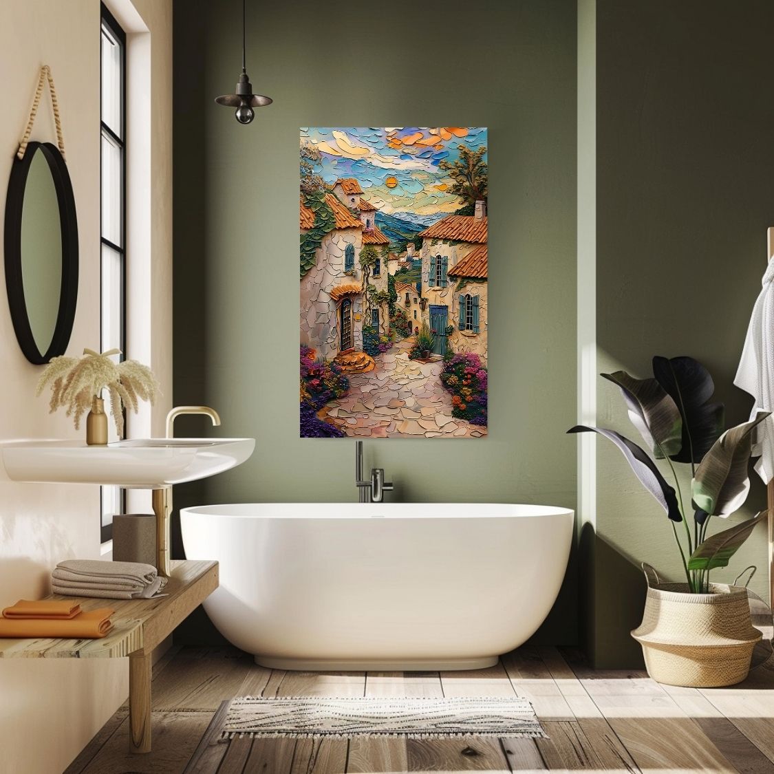 Poster wall art showing 'Sunset in Brittany - Impasto Style French Village' in a bathroom