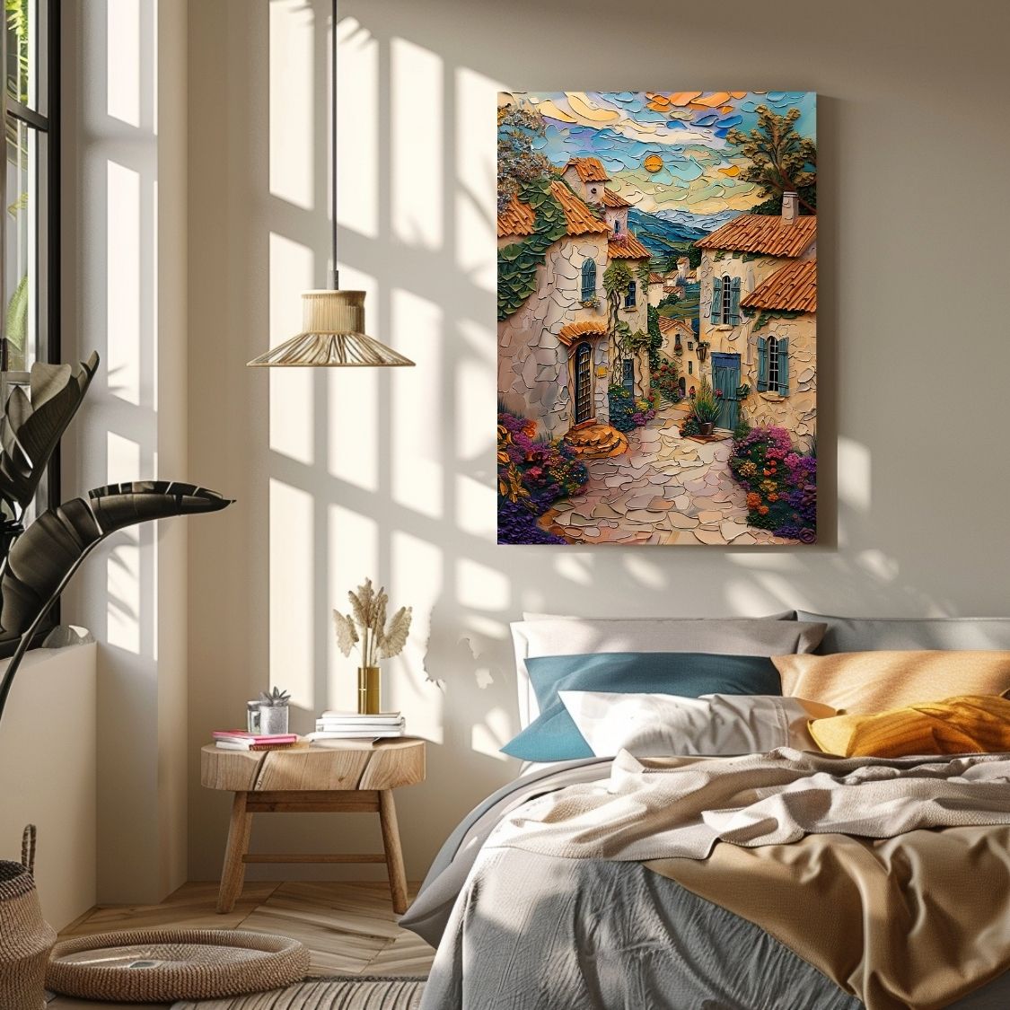 Poster wall art showing 'Sunset in Brittany - Impasto Style French Village' in a bedroom