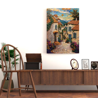 Poster wall art showing 'Sunset in Brittany - Impasto Style French Village' in a hallway