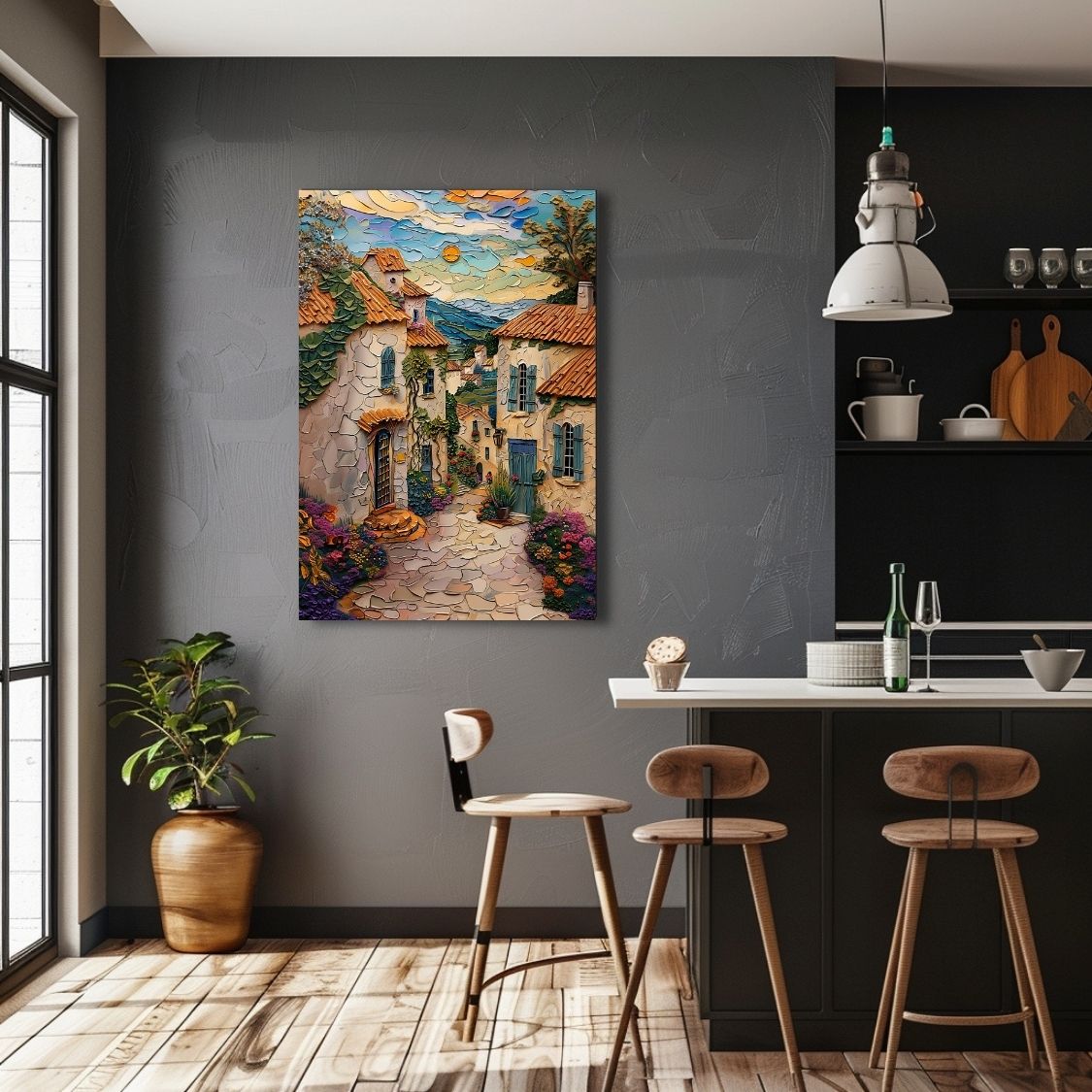 Poster wall art showing 'Sunset in Brittany - Impasto Style French Village' in a kitchen