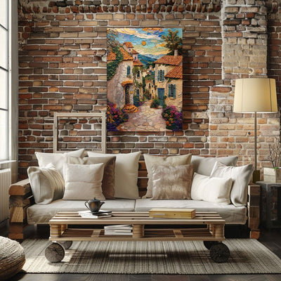 Poster wall art showing 'Sunset in Brittany - Impasto Style French Village' in a living room