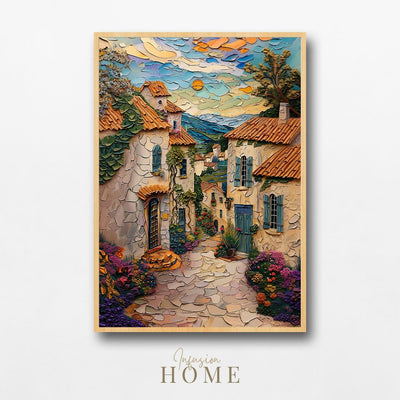 Poster wall art showing 'Sunset in Brittany - Impasto Style French Village'