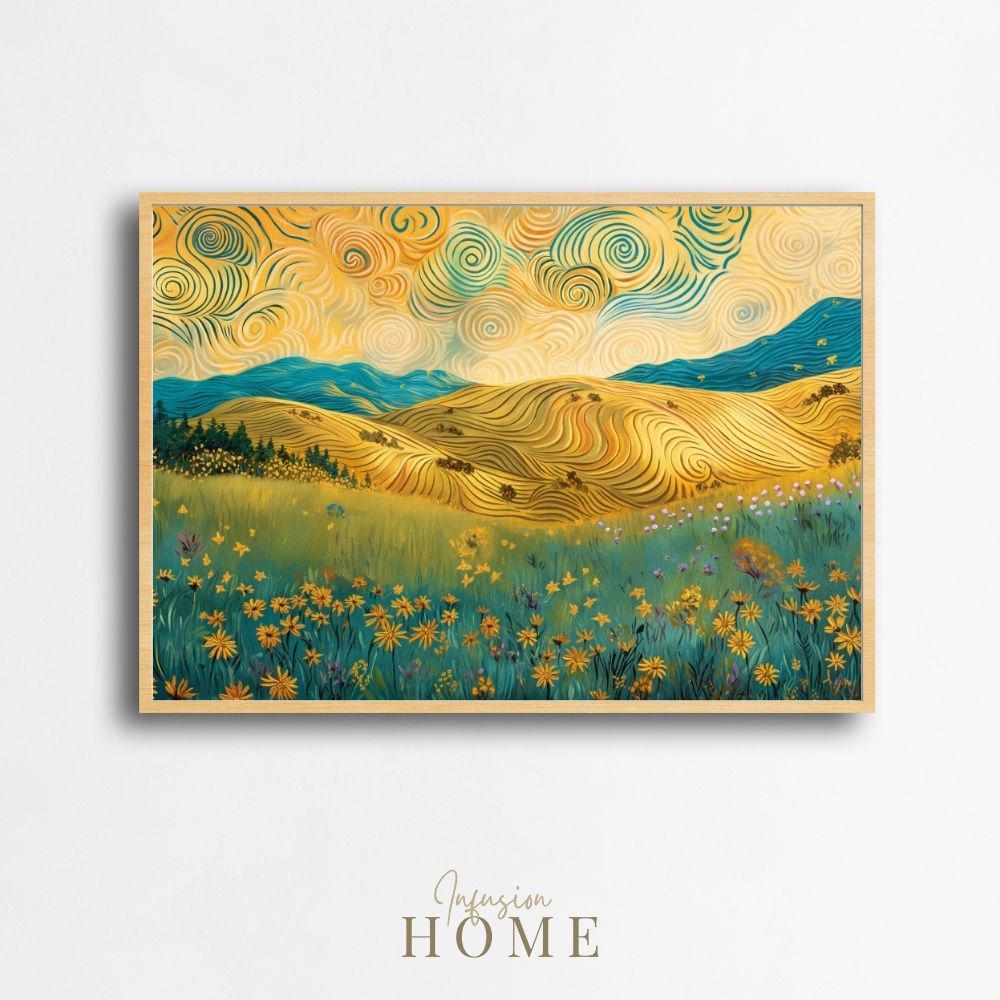 Poster wall art showing 'Swirling Serenity - Sunrise Over Hills of Vibrant Blooms'