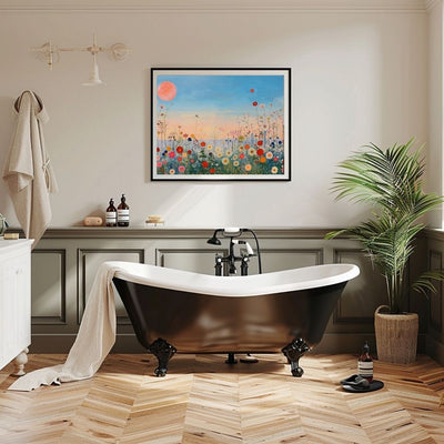 Poster wall art showing 'Twilight Meadow – Sunset Over Wildflower Field' in a bathroom