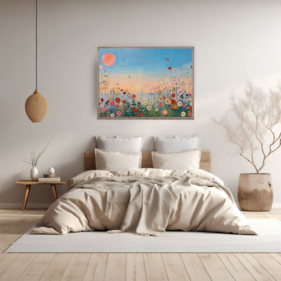 Poster wall art showing 'Twilight Meadow – Sunset Over Wildflower Field' in a bedroom