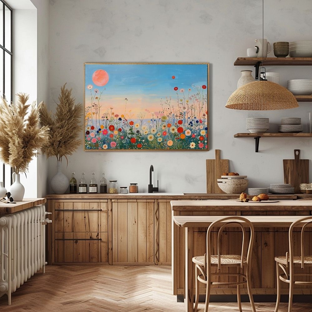 Poster wall art showing 'Twilight Meadow – Sunset Over Wildflower Field' in a kitchen