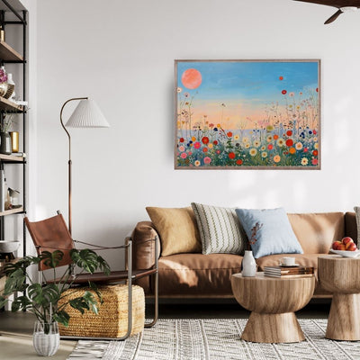 Poster wall art showing 'Twilight Meadow – Sunset Over Wildflower Field' in a living room