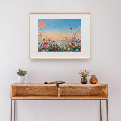 Poster wall art showing 'Twilight Meadow – Sunset Over Wildflower Field' in a hallway