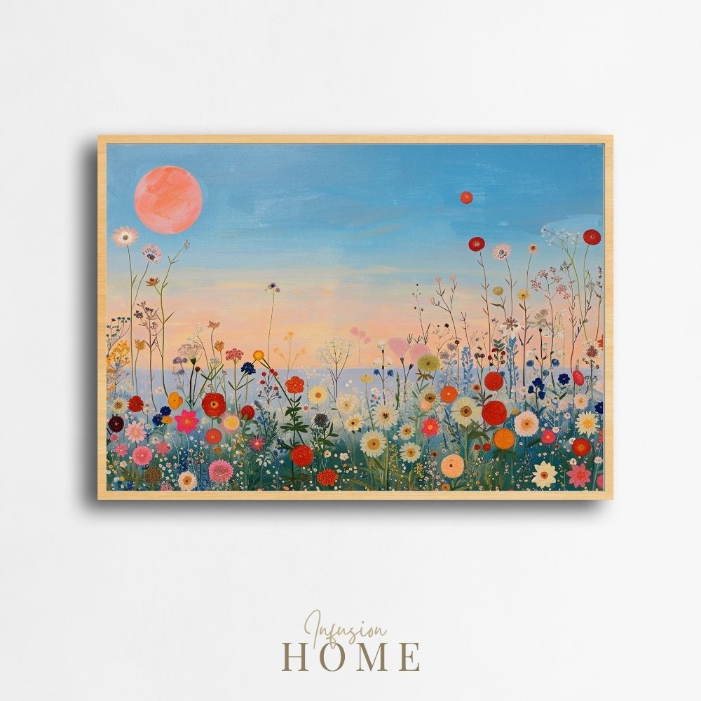 Poster wall art showing 'Twilight Meadow – Sunset Over Wildflower Field'