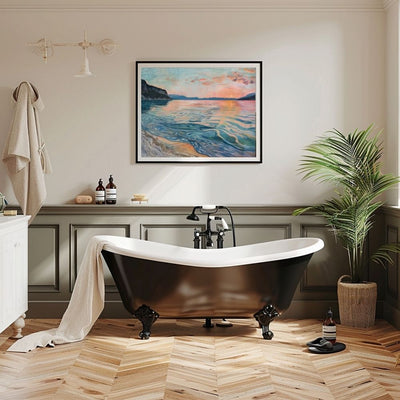 Poster wall art showing 'Twilight Waters – Secluded Beach during Golden Hour' in a bathroom