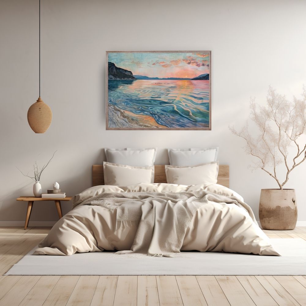 Poster wall art showing 'Twilight Waters – Secluded Beach during Golden Hour' in a bedroom