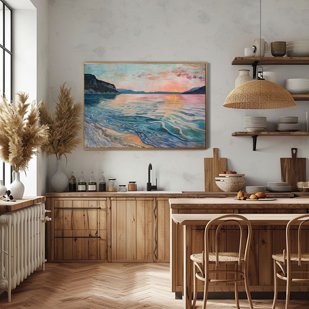 Poster wall art showing 'Twilight Waters – Secluded Beach during Golden Hour' in a kitchen