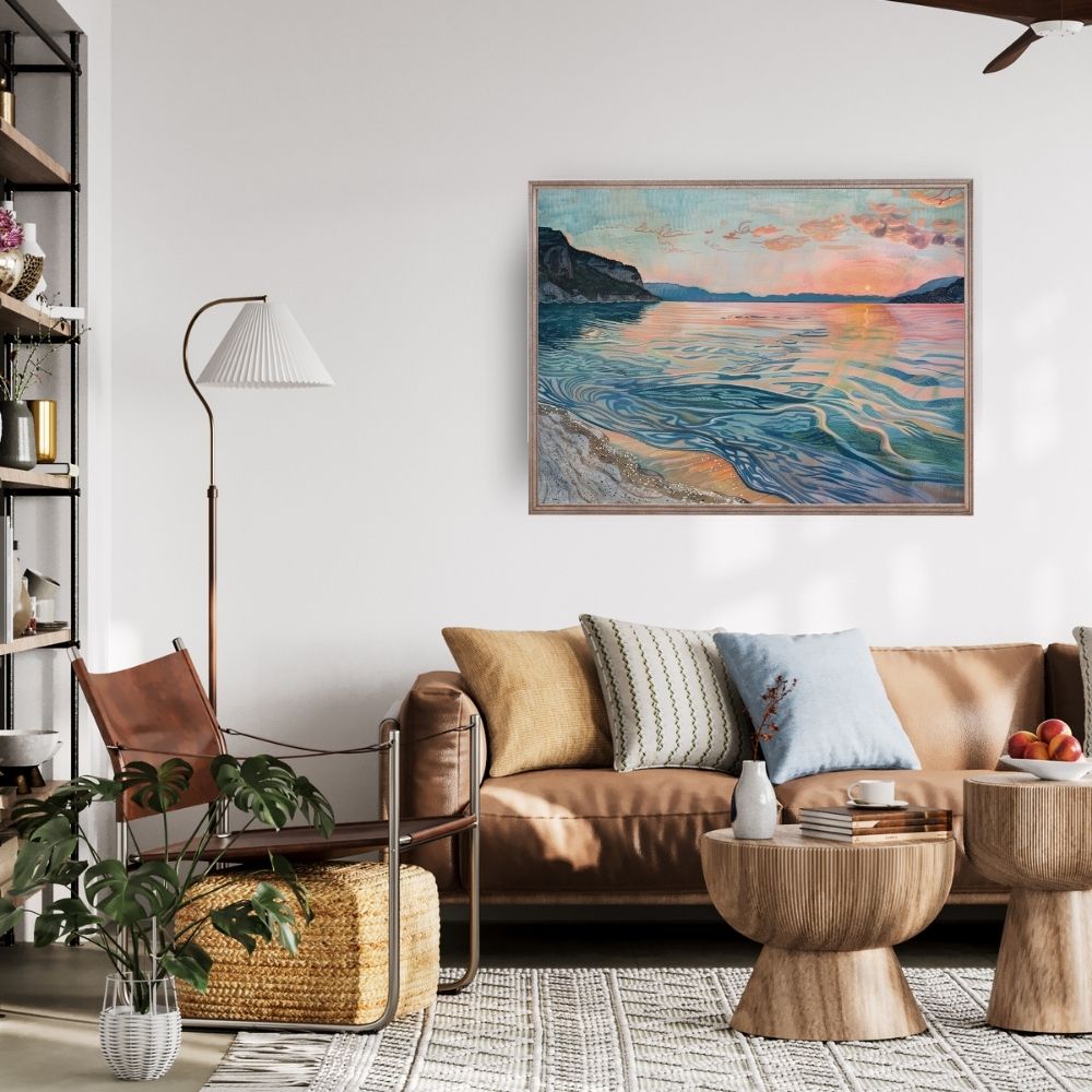 Poster wall art showing 'Twilight Waters – Secluded Beach during Golden Hour' in a living room