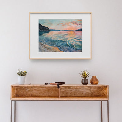 Poster wall art showing 'Twilight Waters – Secluded Beach during Golden Hour' in a hallway