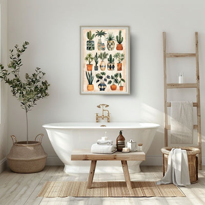 Poster wall art showing 'Urban Oasis – Boho Greenery in Minimalist Style' in a bathroom