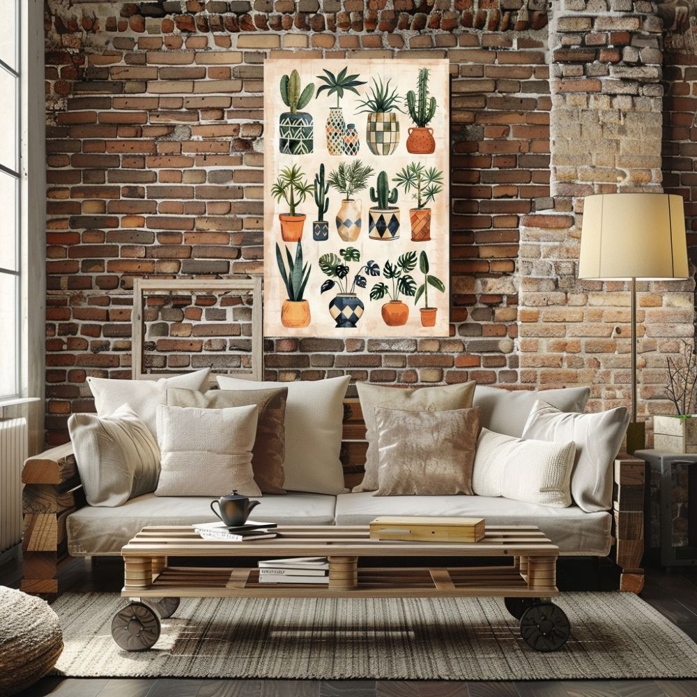 Poster wall art showing 'Urban Oasis – Boho Greenery in Minimalist Style' in a living room